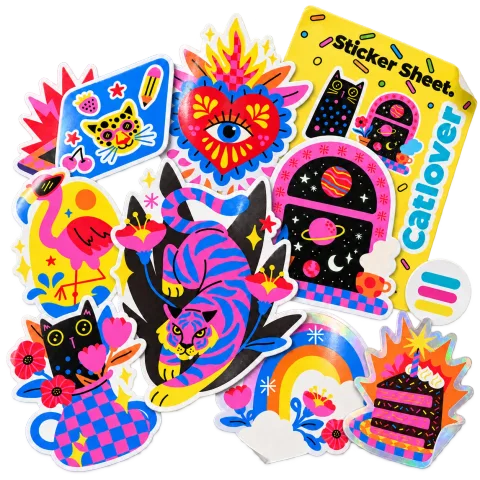 Colección de stickers coloridos con tigre, gatos, flores, arcoíris y acabados holográficos